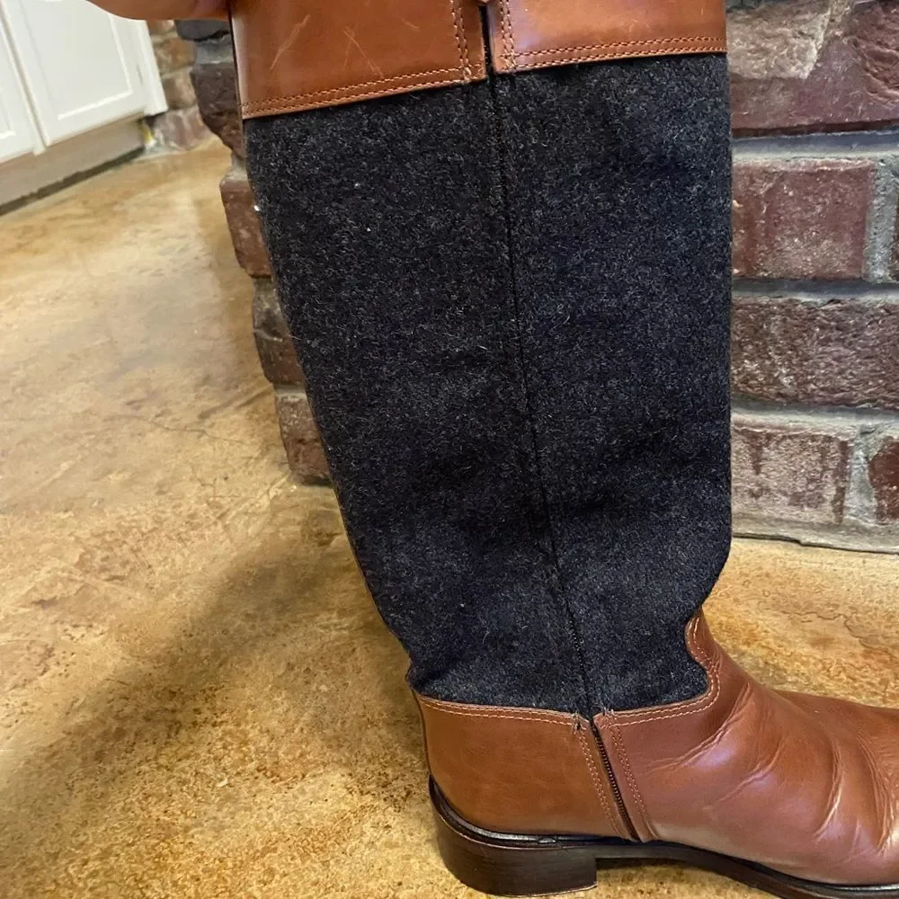 Tory burch Brown leather and‎ Grey wool flannel Lowell Riding Boots sz 10.5